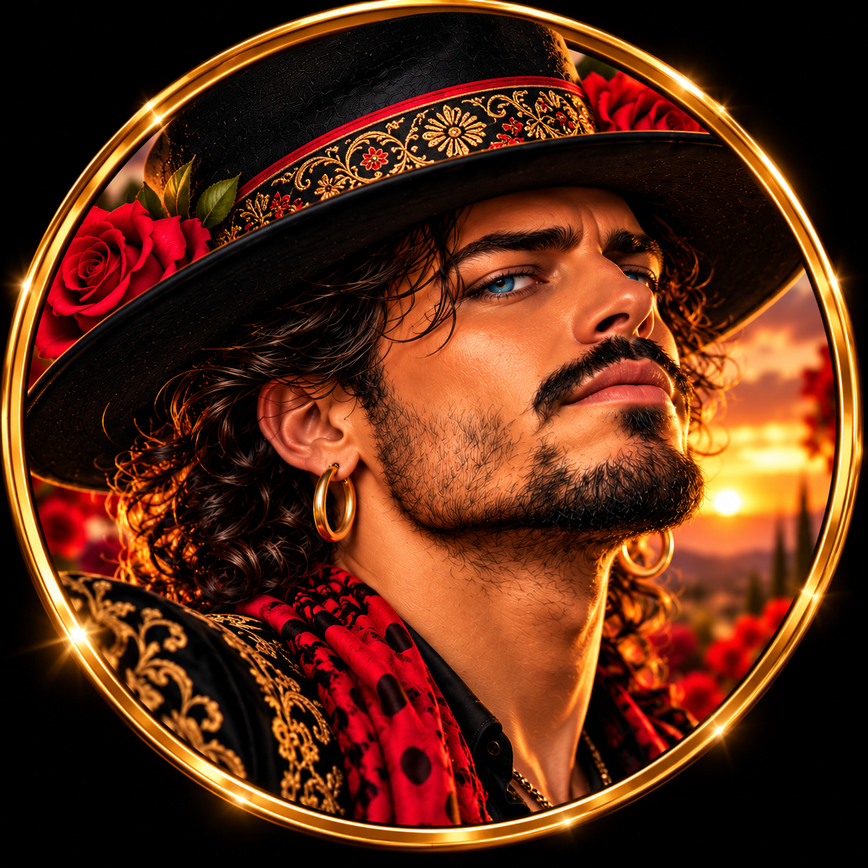 Retrato de ARDACORDE con sombrero negro, pañuelo de lunares y pendientes de oro